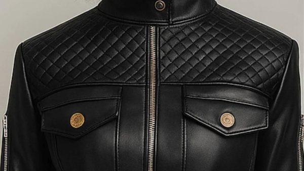 Women Esme Black  Leather Jacket with Diamond Pattern Design - Image 3