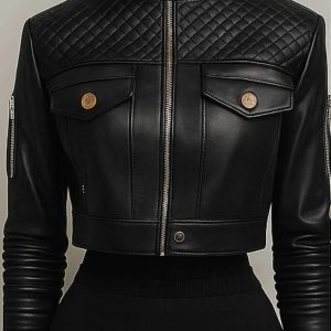 Women Esme Black  Leather Jacket with Diamond Pattern Design