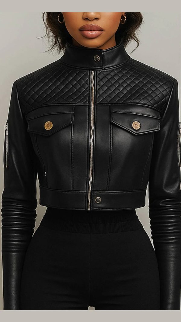 Women Esme Black  Leather Jacket with Diamond Pattern Design