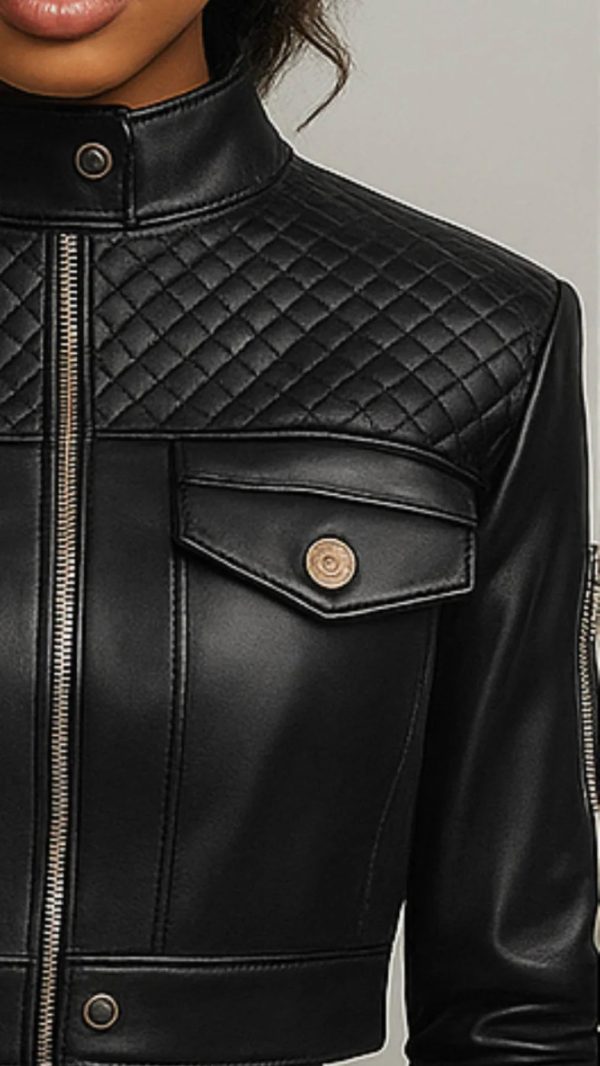 Women Esme Black  Leather Jacket with Diamond Pattern Design - Image 4