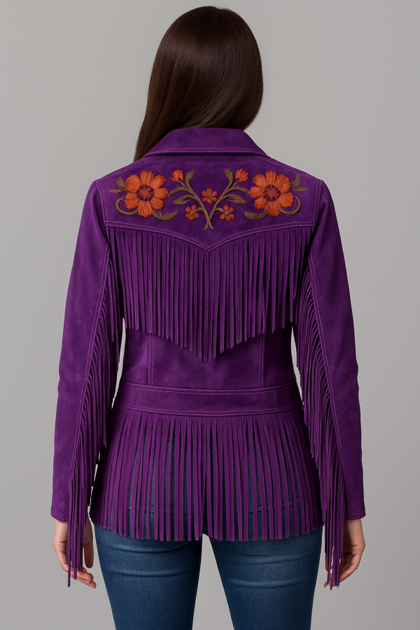 womens purple fringe leather jacket back_jpg