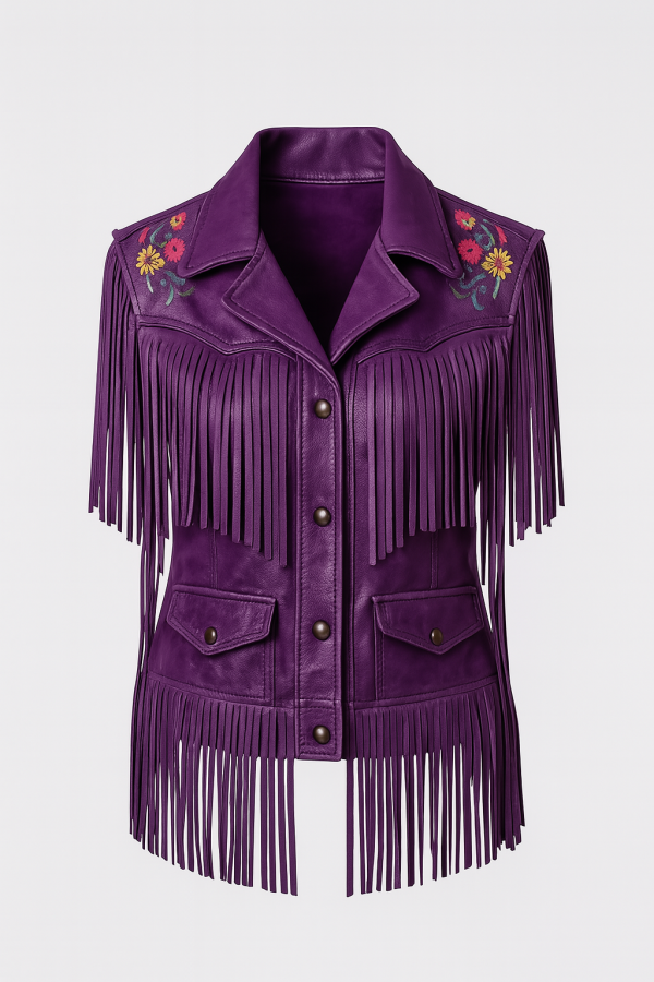 Front view of women’s purple fringe leather jacket with boho western design