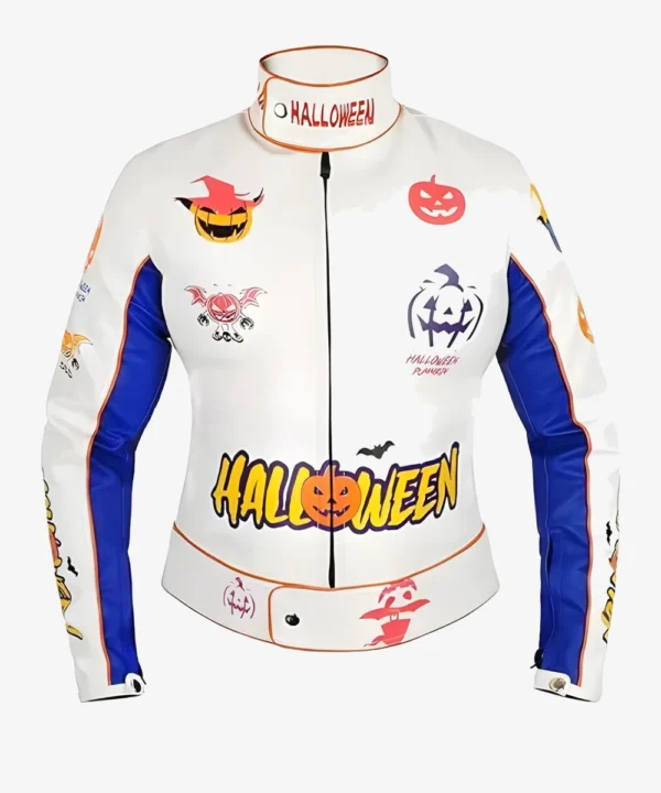Halloween White Leather Pumpkin Printed Racer Jacket