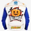 Halloween White Leather Racer Jacket with Pumpkin Patches