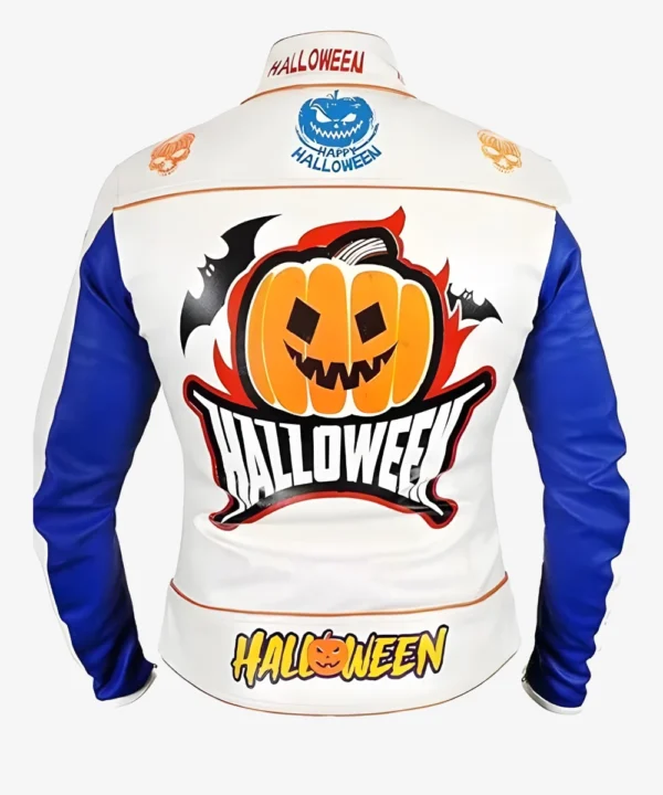 Halloween White Leather Racer Jacket with Pumpkin Patches