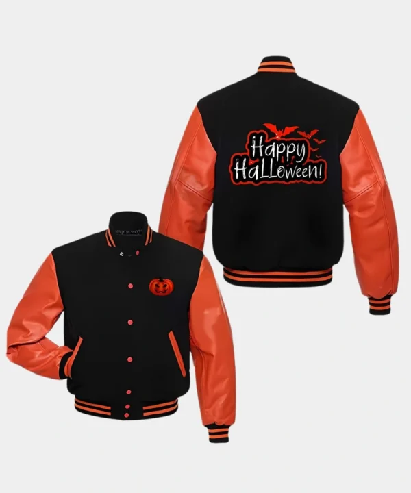 Happy Halloween Letterman Varsity Bomber Jacket Black And Orange