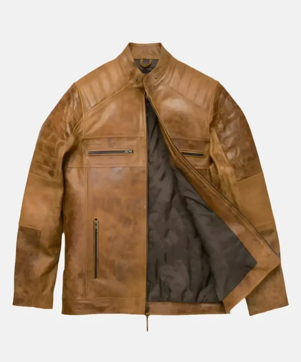 Mens Distressed Tan Cafe Racer Leather Jacket