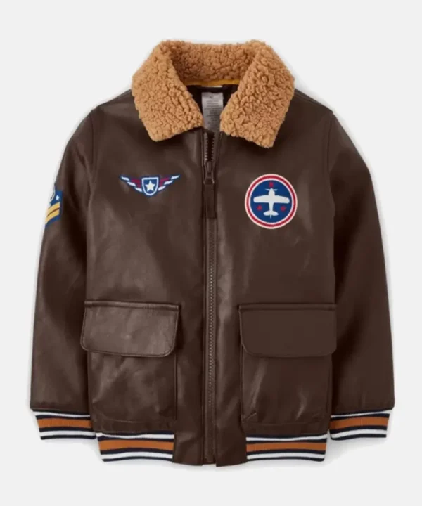 Boys’ Embroidered Gymboree Brown Aviator Leather Jacket