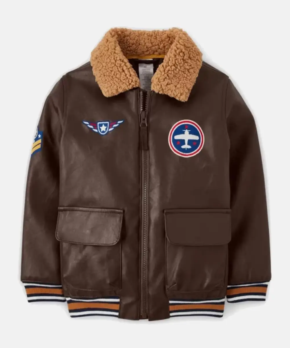 Boys’ Embroidered Gymboree Brown Aviator Leather Jacket