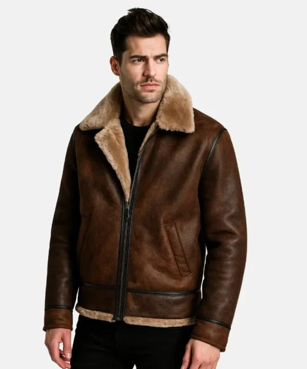 Bronco Aviator Distressed Brown Leather Shearling Jacket
