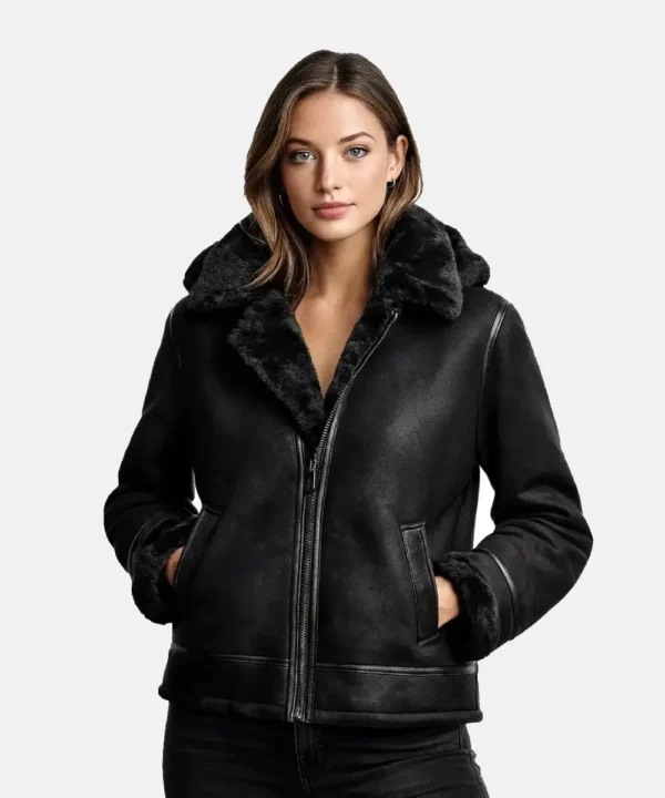 Bronco women Distressed Black Leather Shearling Jacket