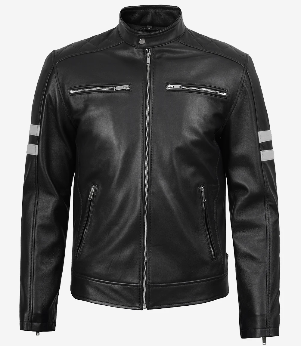 Cafe Racer Leather Jacket White Stripes
