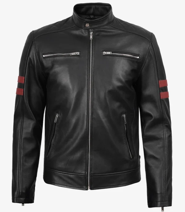 Cafe Racer Leather Maroon Stripes Jacket