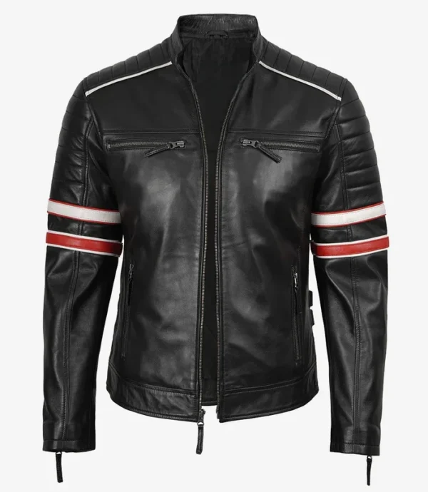 Cafe Racer Racing Leather Jacket with Red & White Stripes