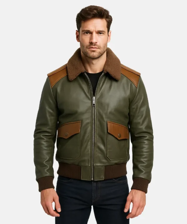 Men A2 Bomber Aviator Olive Leather Jacket