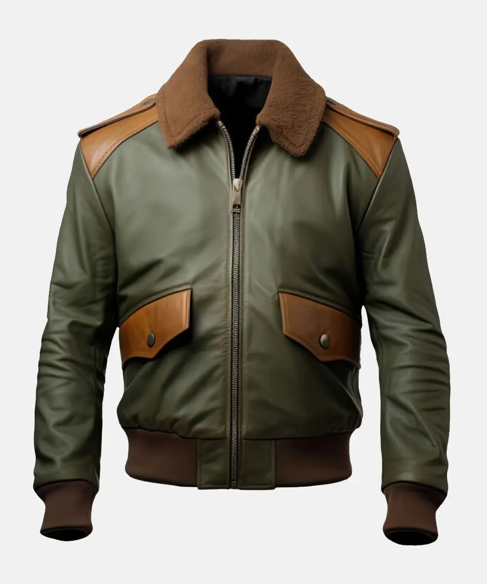 Men’s A2 Bomber Aviator Olive Leather Brown Shearling Jacket