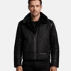 Mens Bronco Distressed Black Leather Shearling Jacket