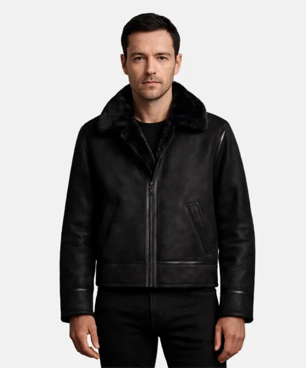Mens Bronco Distressed Black Leather Shearling Jacket