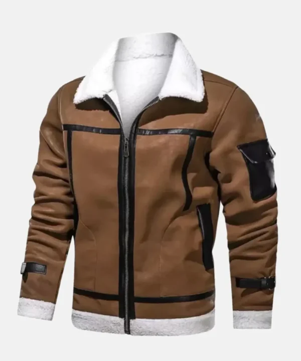 Men’s Brown White Shearling Leather Aviator Bomber Jacket