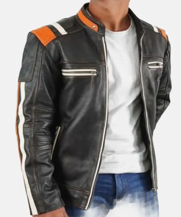 Mens Cafe Racer Motorcycle Retro Vintage Distressed Black Biker Leather Jacket