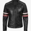 Mens Cafe Racer Racing Leather Jacket with Red & White Stripes