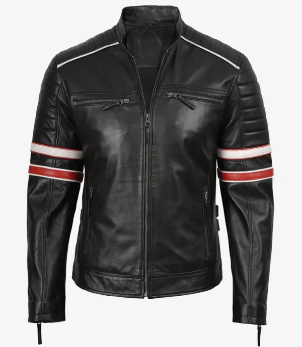 Mens Cafe Racer Racing Leather Jacket with Red & White Stripes