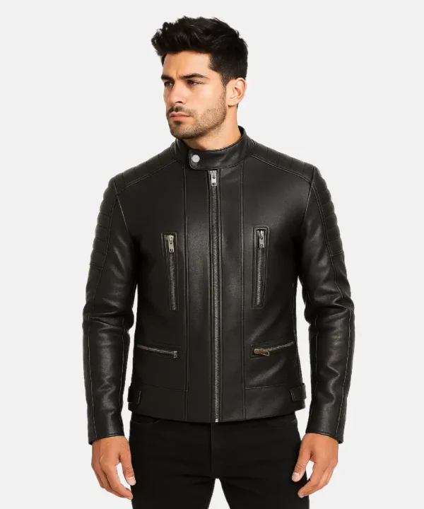 Mens Hadrian Black Leather Biker Jacket