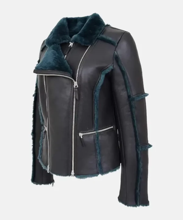 Women Real Sheepskin Aviator Pilot Valerie Black Blue Leather Jacket