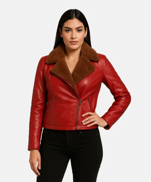 Women Red Fur Leather Jacket