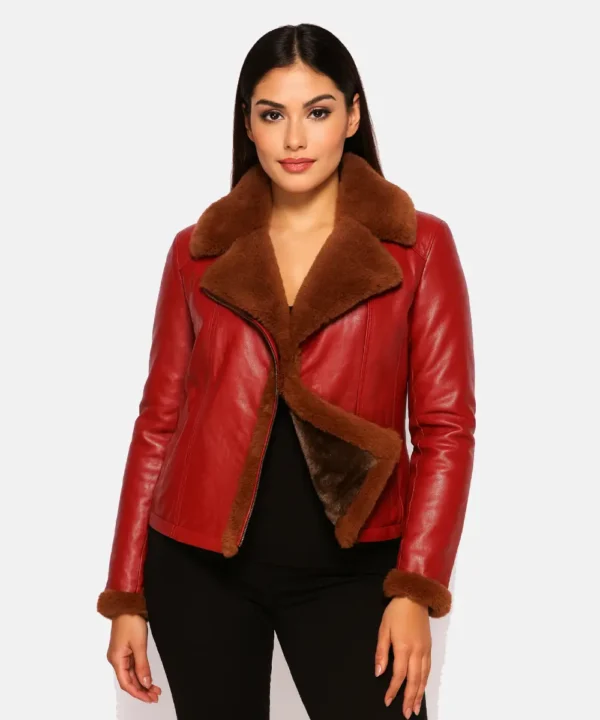 Women Red Shearling Red Leather Jacket