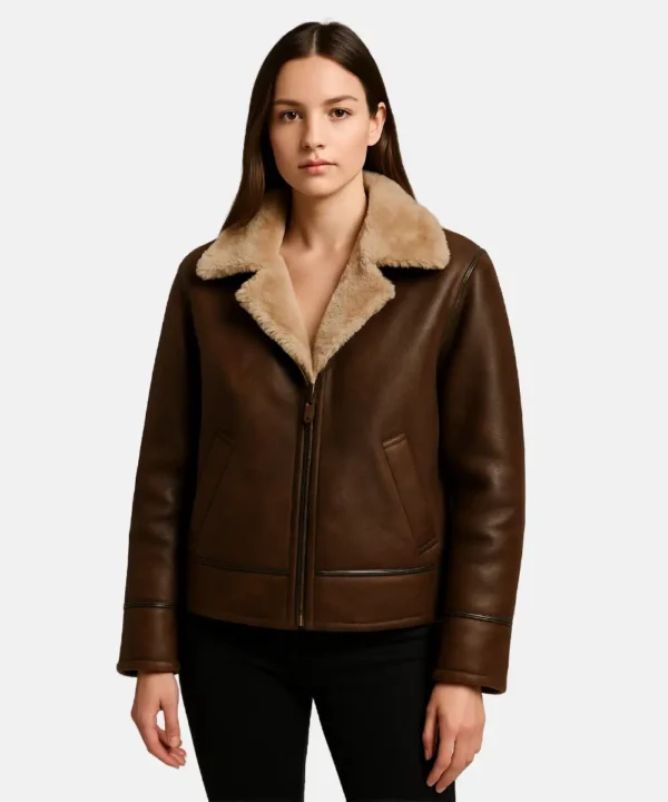 Womens Bronco Distressed Brown Leather Shearling Jacket