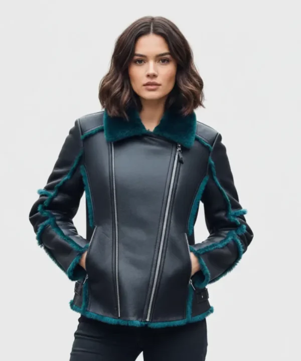 Womens Real Sheepskin Aviator Pilot Valerie Black Blue Leather Jacket