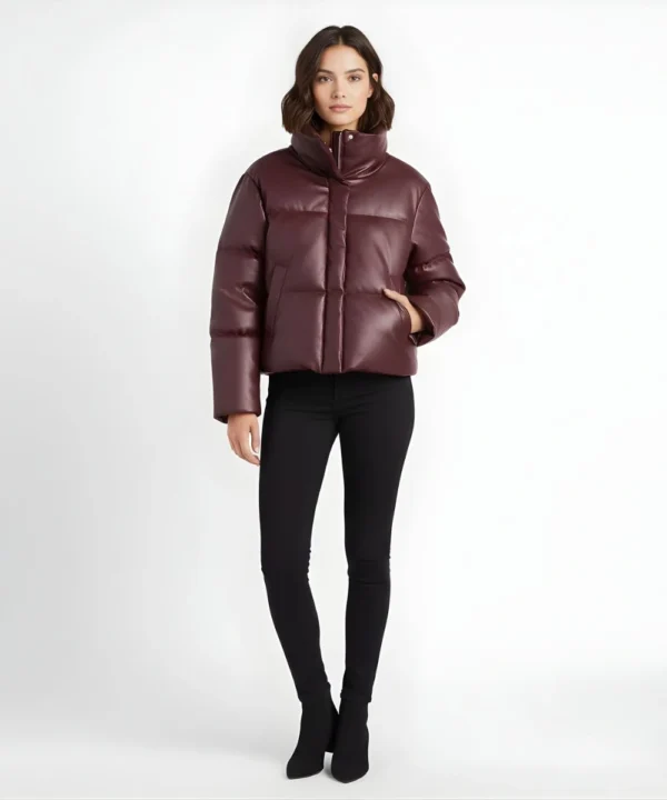 Burgundy Puffer Leather Bomber Jacket For Women