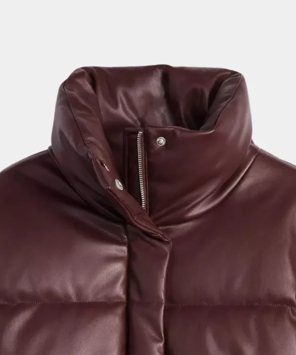 Burgundy Puffer Leather Bomber Jacket For Women's