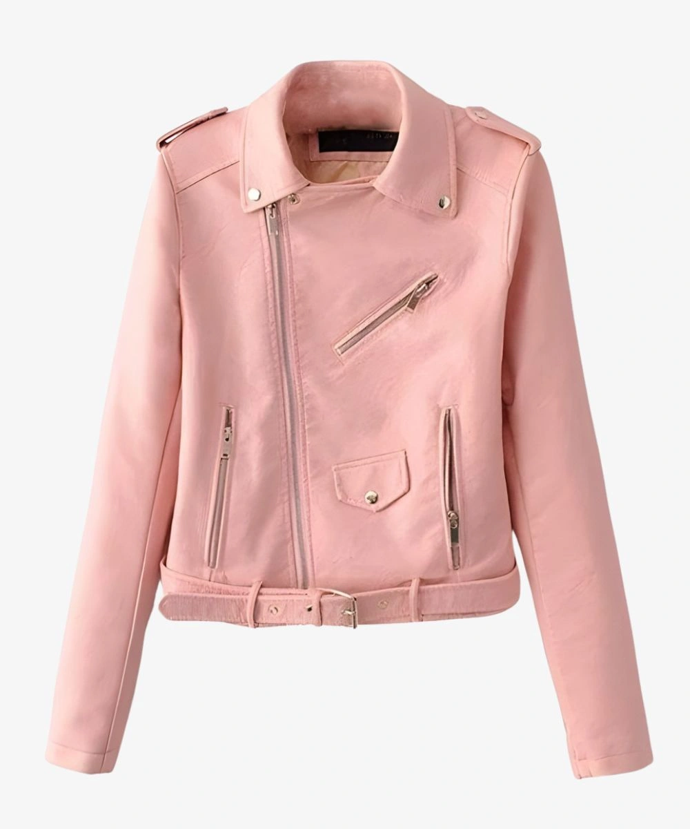 Classic Baby Pink Motorcycle Leather Jacket For Women