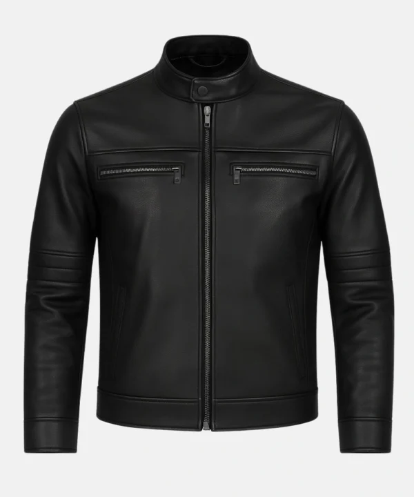 Classic Black Motorcycle Harrington Leather Jacket For Men