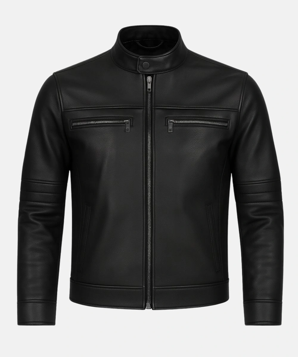 Classic Black Motorcycle Harrington Leather Jacket For Men