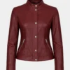 Classic Burgundy Moto Biker Leather Jacket For Women