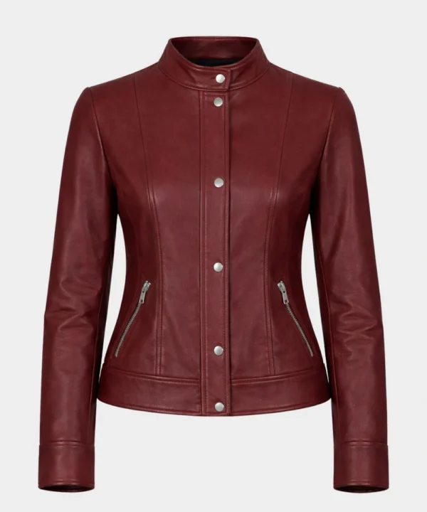 Classic Burgundy Moto Biker Leather Jacket For Women
