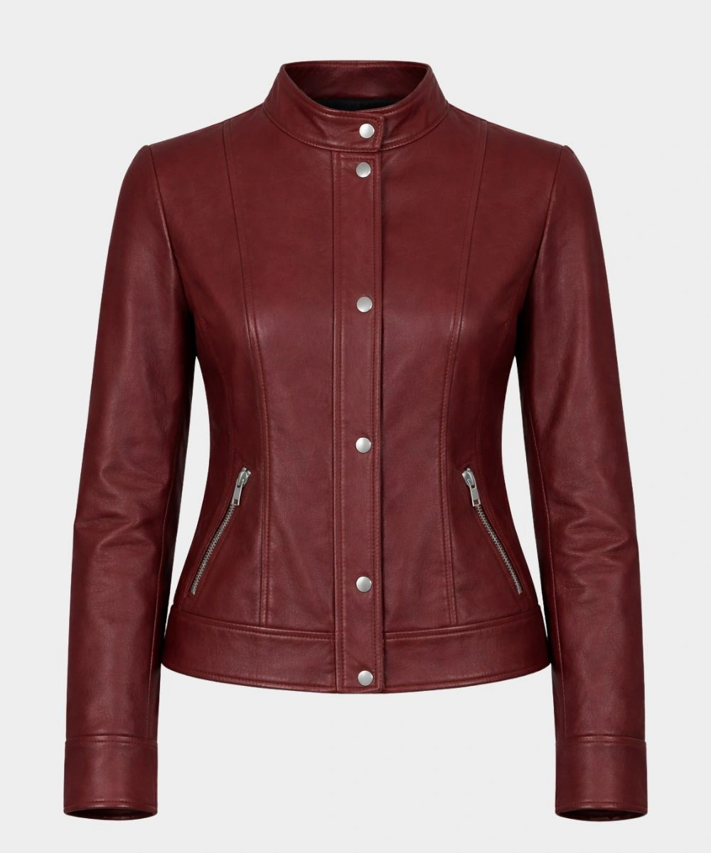 Classic Burgundy Moto Biker Leather Jacket For Women