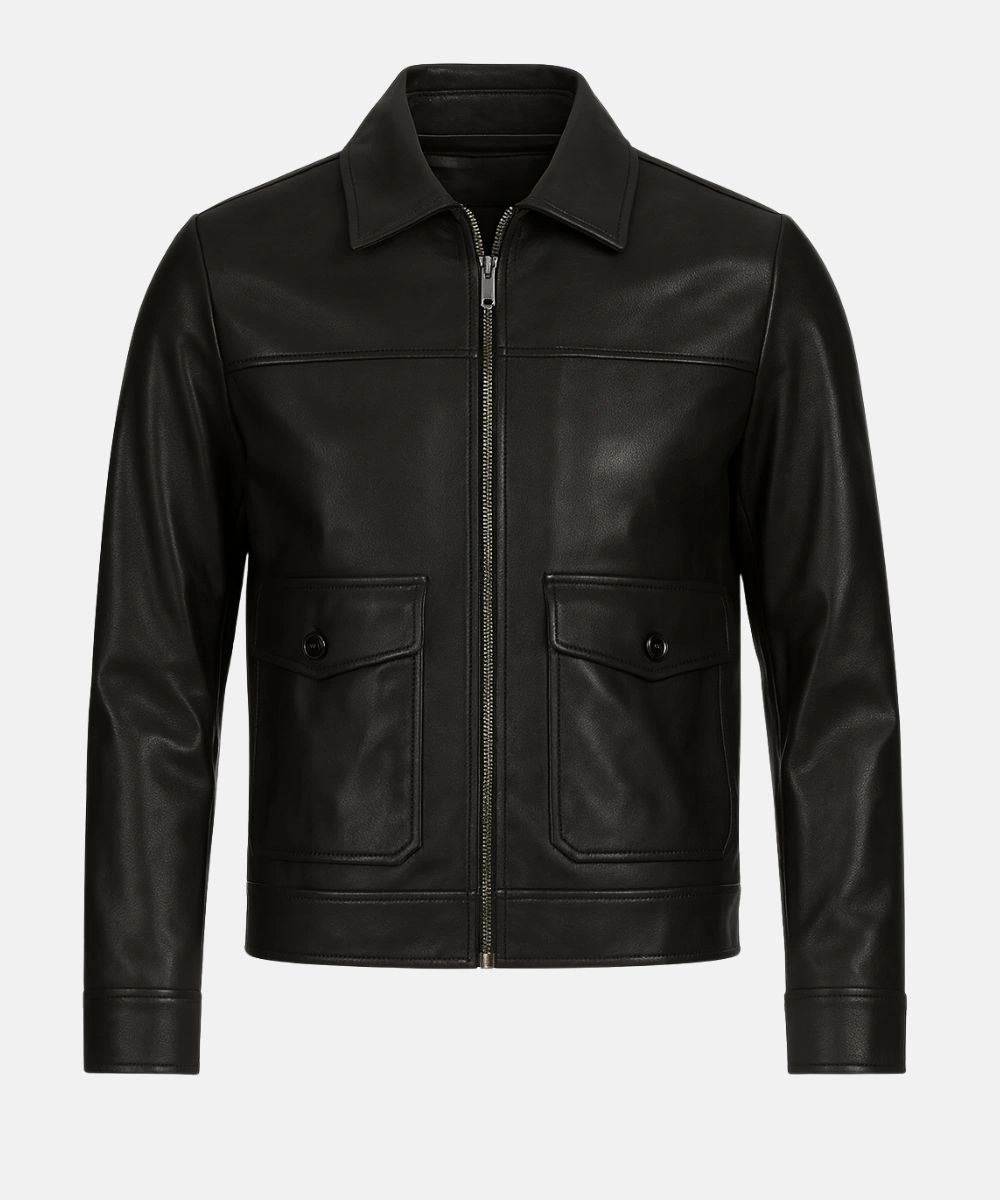 Classic Harrington Black Biker Leather Jacket For Men's