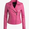 Classic Hot Pink Motorcycle Fitted Leather Jacket For Women's