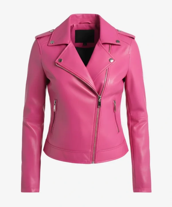 Classic Hot Pink Motorcycle Fitted Leather Jacket For Women's