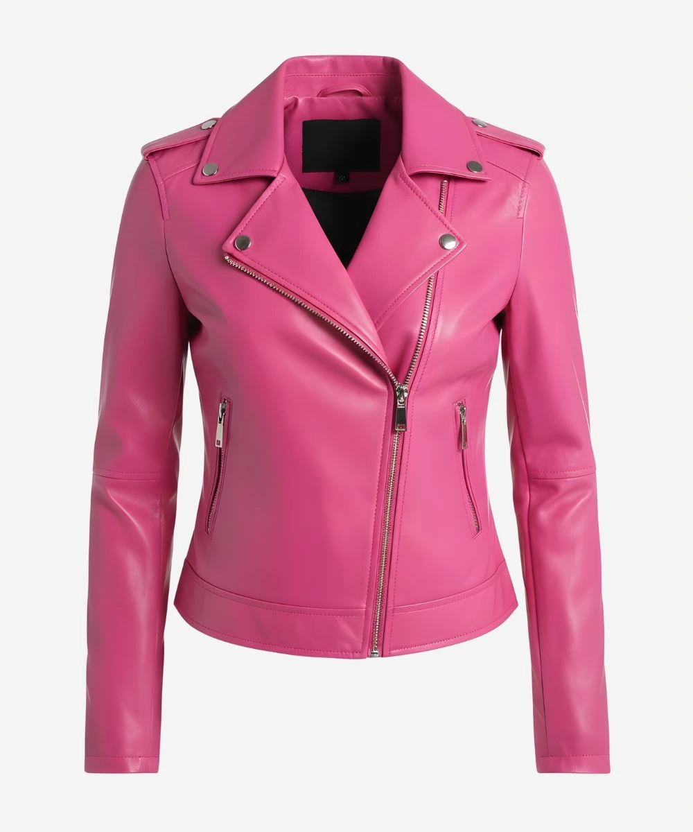Classic Hot Pink Motorcycle Fitted Leather Jacket For Women's
