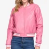 Classic Pink Leather Varsity Bomber Jacket For Women