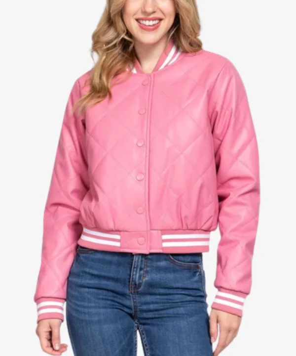 Classic Pink Leather Varsity Bomber Jacket For Women