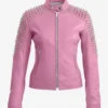 Classic Pink Motorcycle Studded Leather Spike Jacket For Women