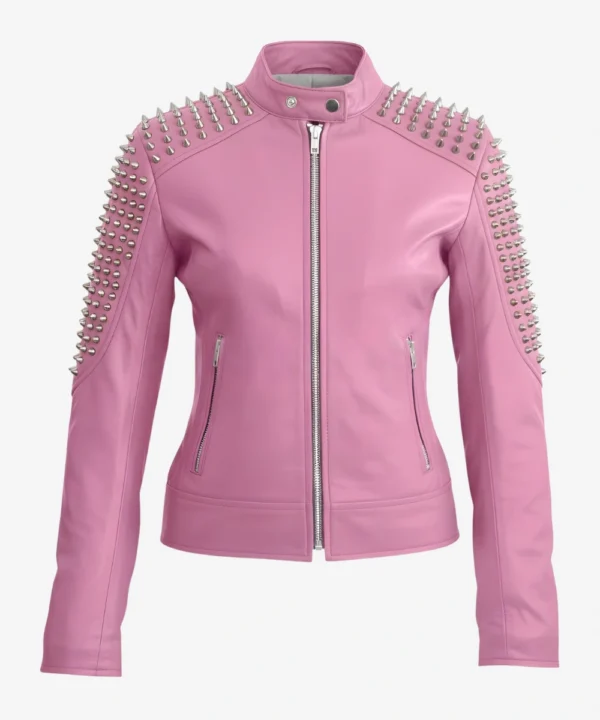 Classic Pink Motorcycle Studded Leather Spike Jacket For Women