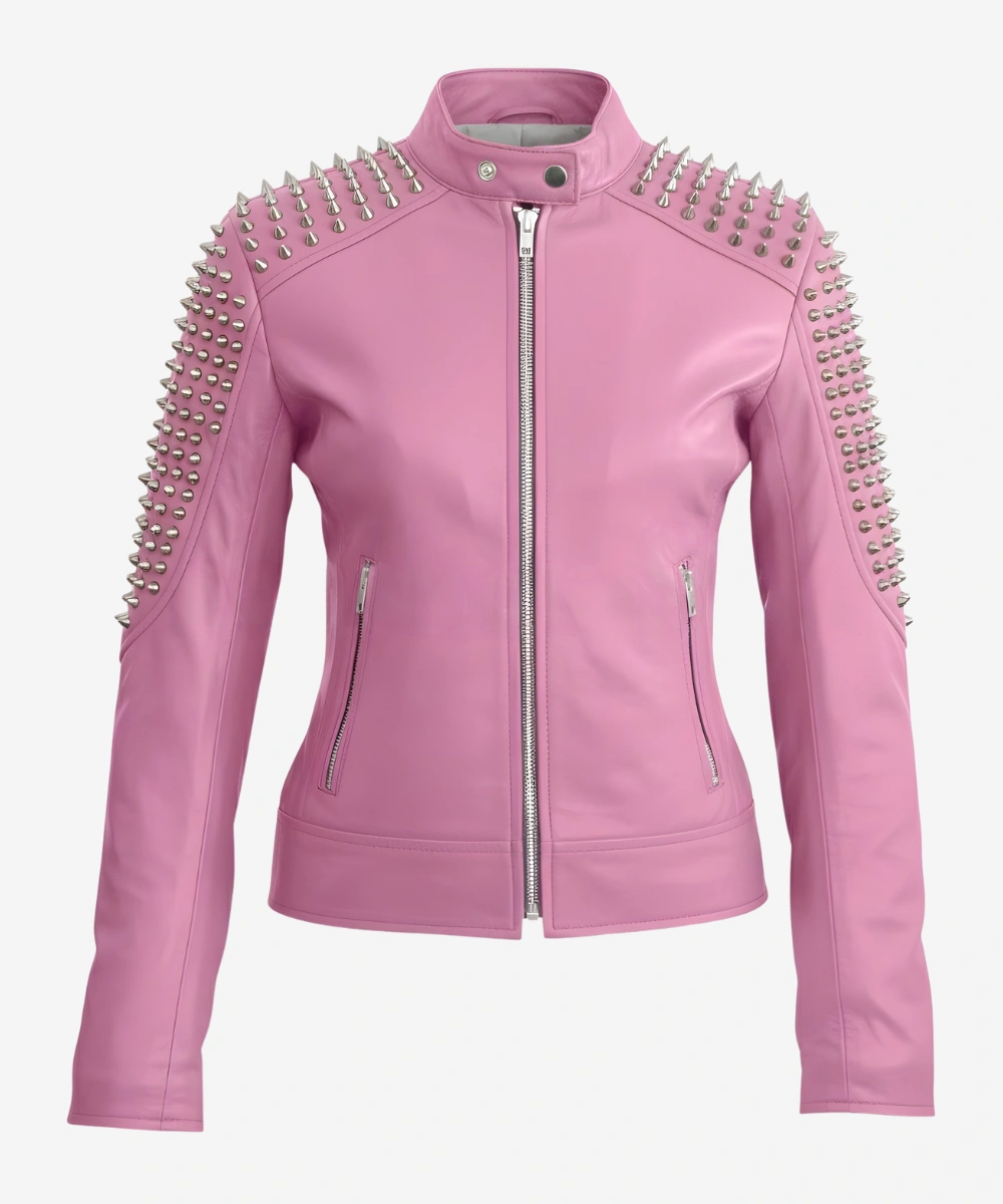 Classic Pink Motorcycle Studded Leather Spike Jacket For Women
