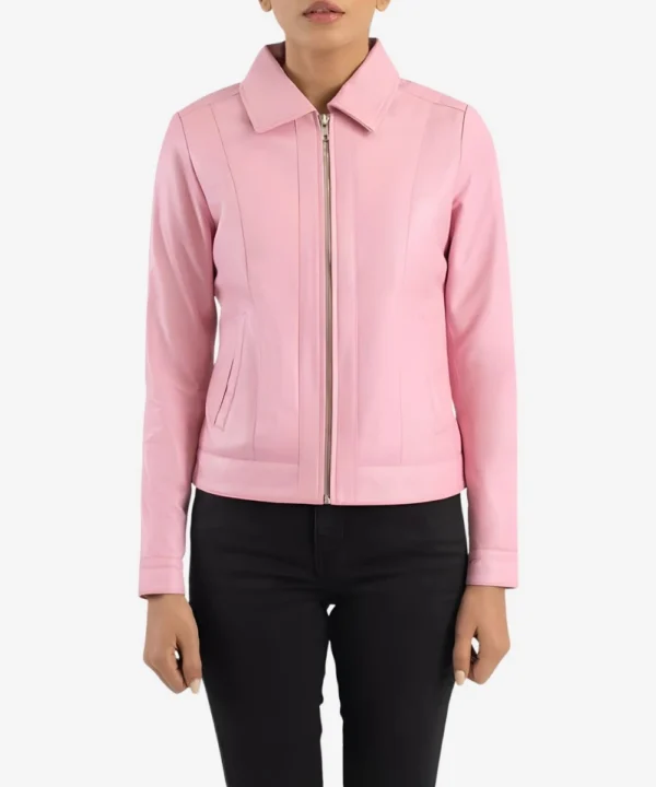 Classic Pink Shirt Style Collar Leather Jacket For Women